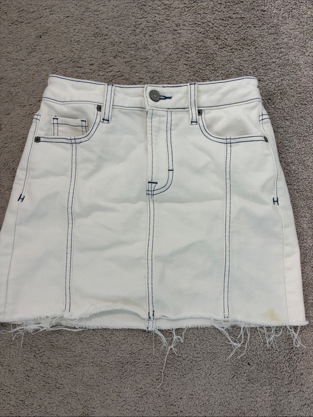 White Denim Mini Skirt with Contrast Navy Stitching